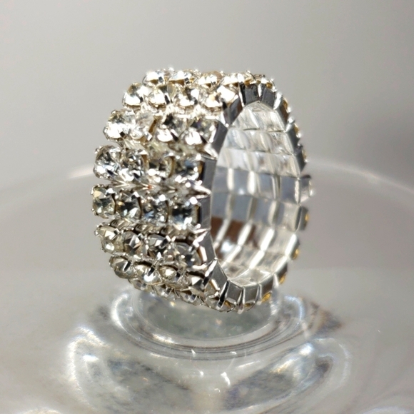 Silver Stretch Ring with Clear Rhinestones – Glamorous Wide Band Bling Jewelry - Picture 5 of 11